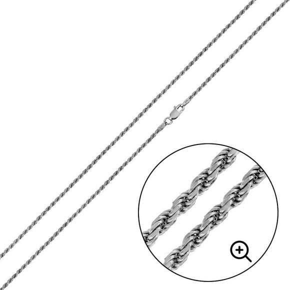 3mm Rhodium Plated Sterling Silver Solid Rope Chain Necklace  Sterling Silver 925 Rhodium Plated Rope Chain 1.1mm 30inches